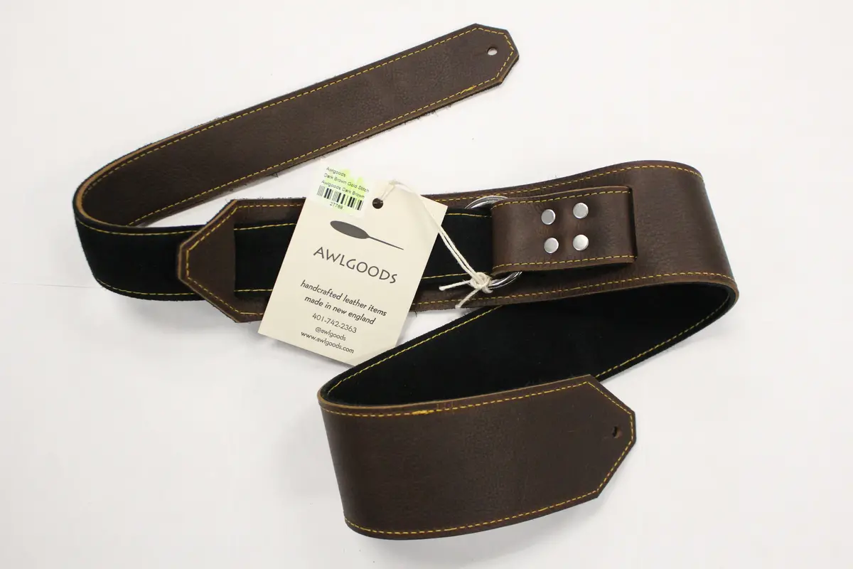 Awlgoods Hand Crafted Leather Guitar Strap Dark Brown With Gold Stitching 1