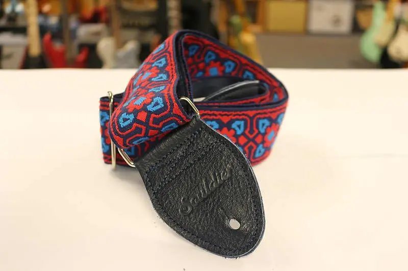 Souldier Guitar Strap Fillmore Tq Rd On Nv Back With Blue Leather Ends*Free Shipping In The Usa* 1