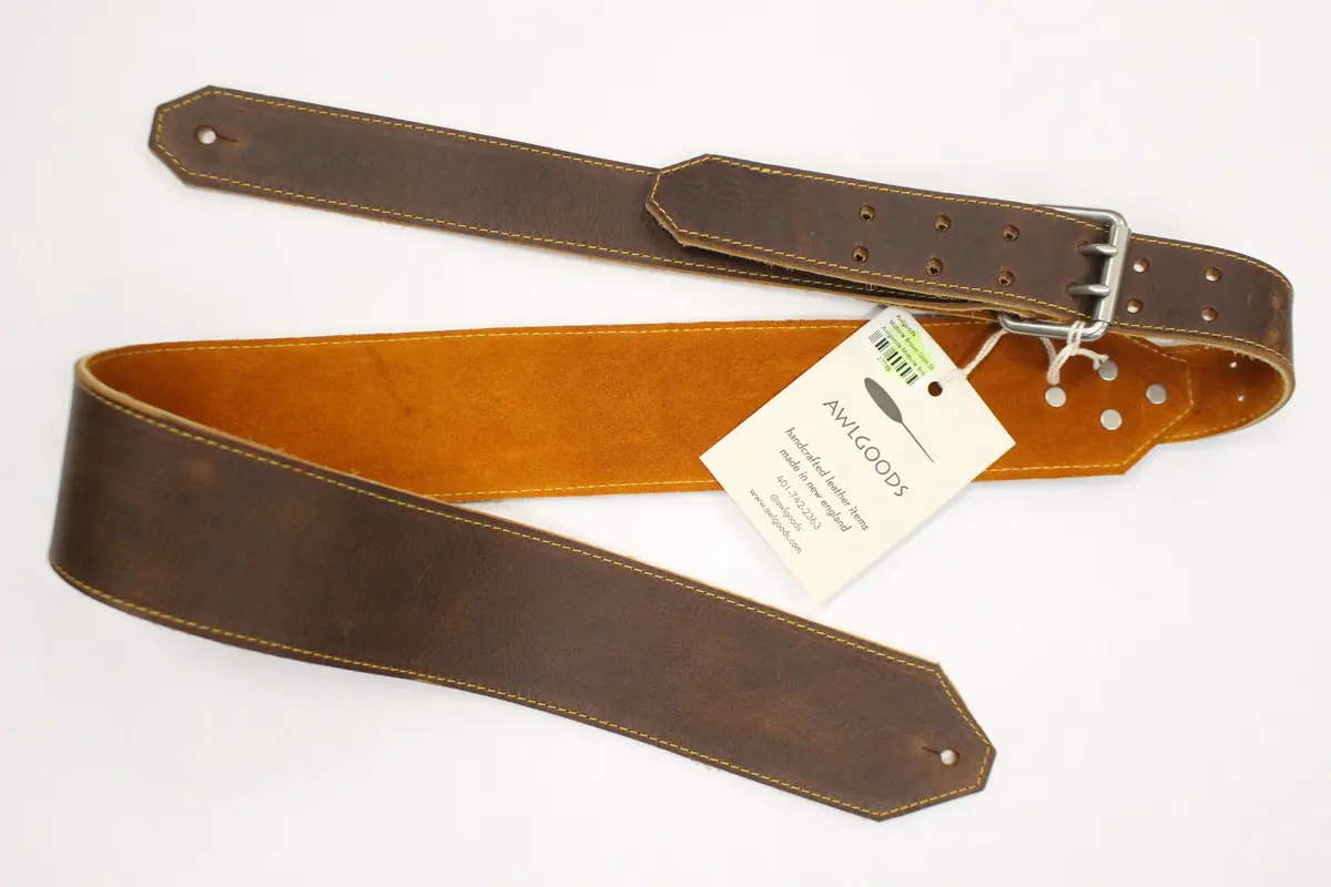 Awlgoods Hand Crafted Leather Guitar Strap Midtone Brown With Gold Stitching 1
