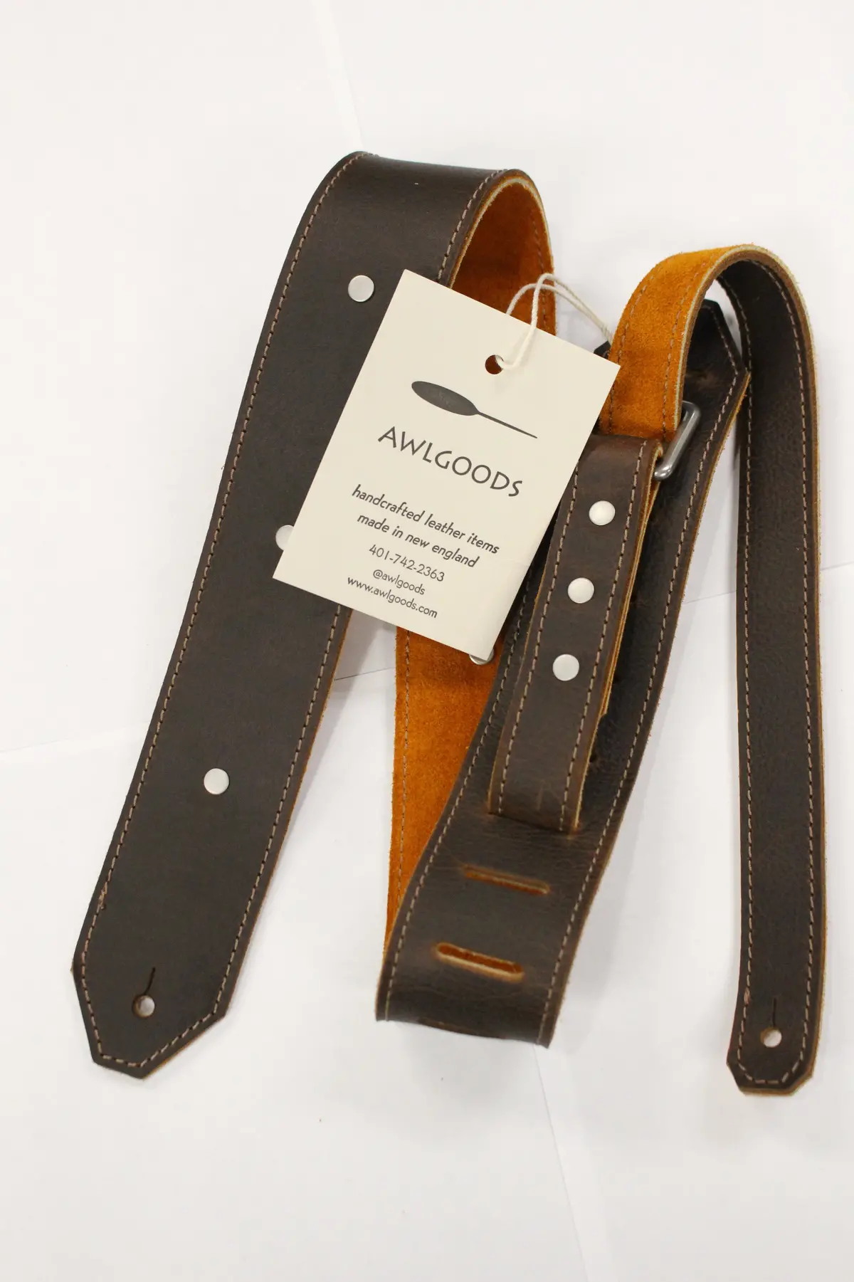 Awlgoods Hand Crafted Leather Guitar Strap Brown With Caramel Stitching 1