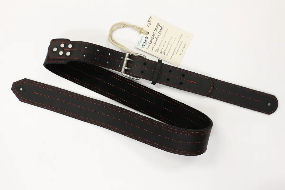 Awlgoods Handcrafted Leather Guitar Strap Black With Red Stitching 1