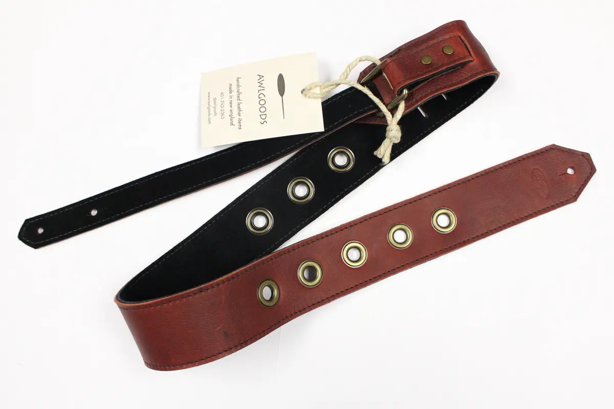 Awlgoods Handcrafted Leather Guitar Strap Dark Red & Black With Black Stitching & Gromets 1