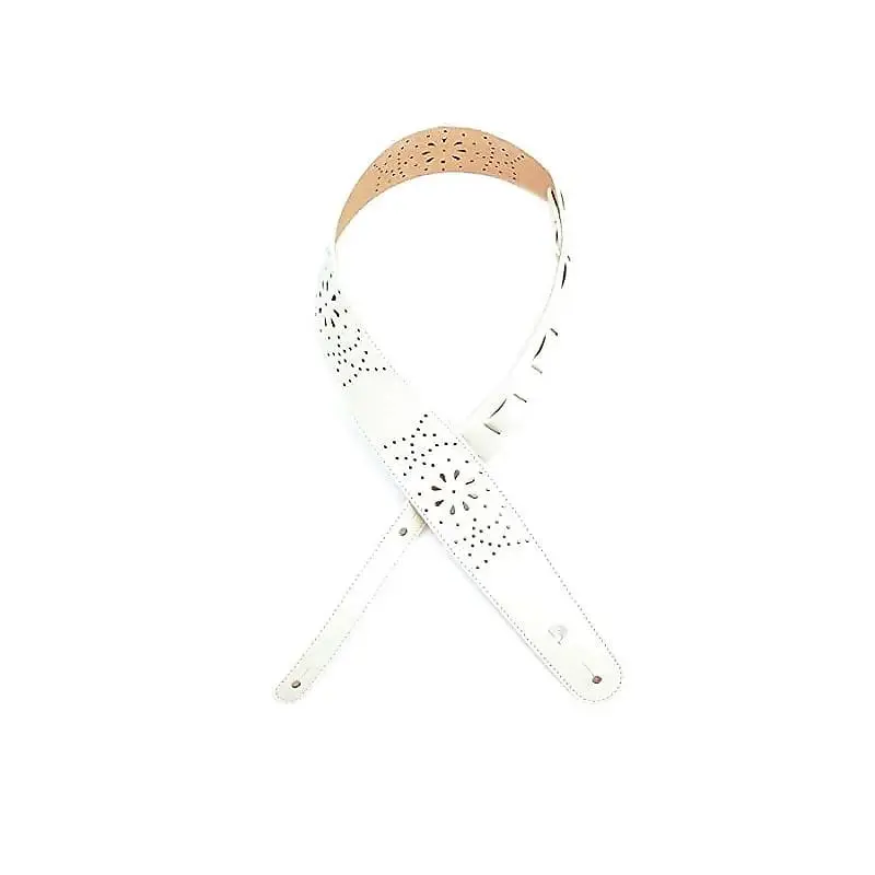 D'addario 2.5" White Leather Guitar Strap Perforated Flowers L25w1502 1