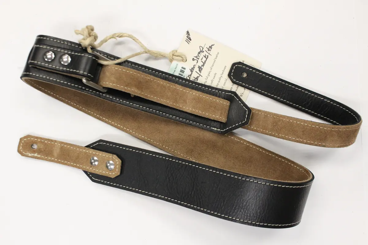 Awlgoods Handcrafted Leather Guitar Strap Black/Tan With Off-White Stitching 1