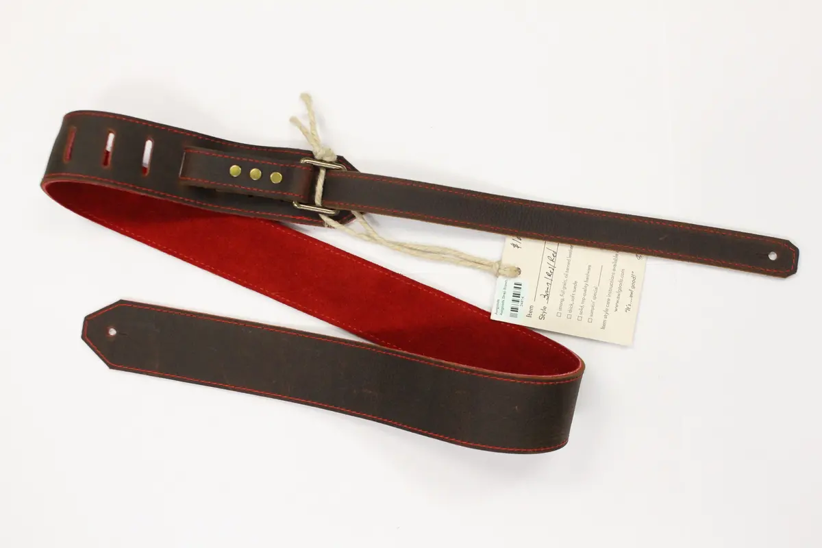 Awlgoods Handcrafted Leather Guitar Strap Dark Brown/Red With Red Stitching 1