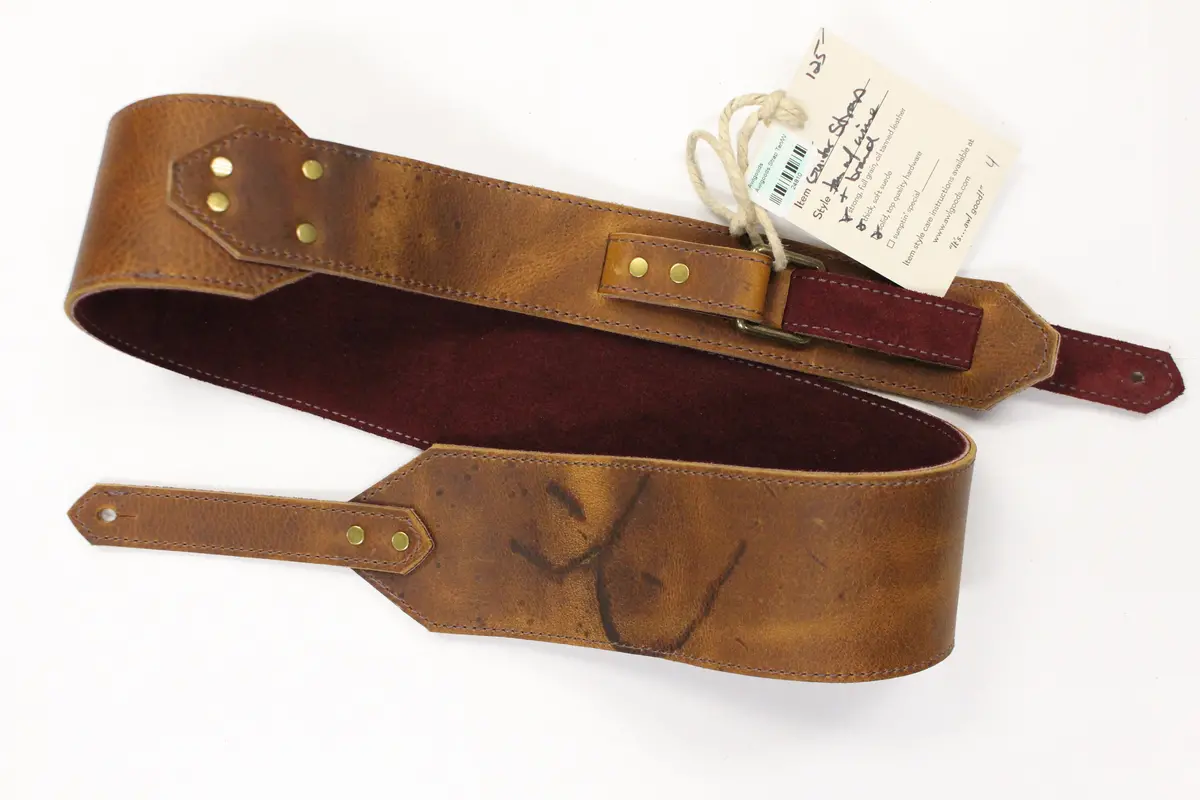Awlgoods Handcrafted Leather Guitar Strap Tan/Wine With Brand 1