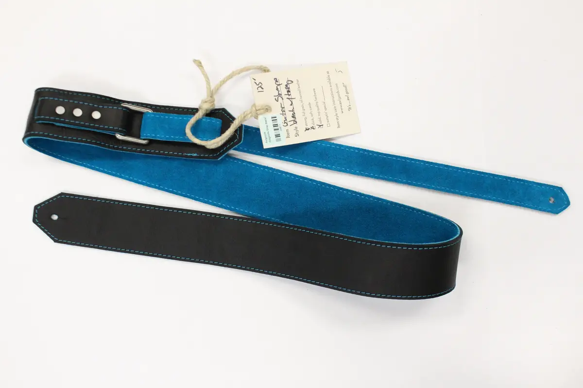 Awlgoods Handcrafted Leather Guitar Strap Black/Turqoise 1