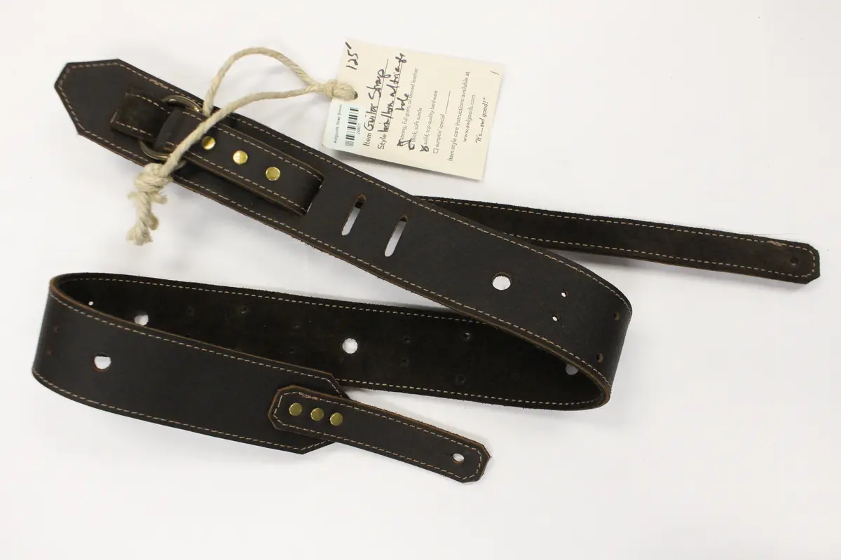 Awlgoods Hand Crafted Leather Guitar Strap Dark Brown/Brown With Diamond Hole Pattern 1