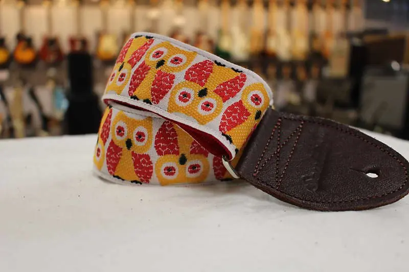 Souldier Owls Red 2" Guitar Strap  With Brown Leather Ends *Free Shipping In The Usa* 1