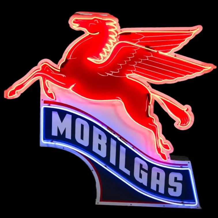 Large Mobilgas Pegasus Neon Sign - Real Glass, Porcelain, Left-Facing, Die Cut Steel Can - Vintage Light Up Gas Station Advertising 1
