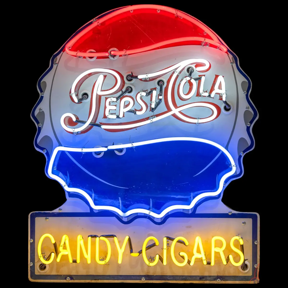 Pepsi-Cola Candy-Cigars Neon Porcelain Sign – Die Cut Vintage Bottle Cap Soda Lighted Advertising Shop Dispaly 1