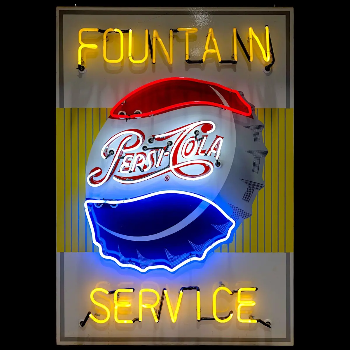 Pepsi-Cola Neon Porcelain Sign - Fountain Service Bottle Cap Vintage Advertising 1