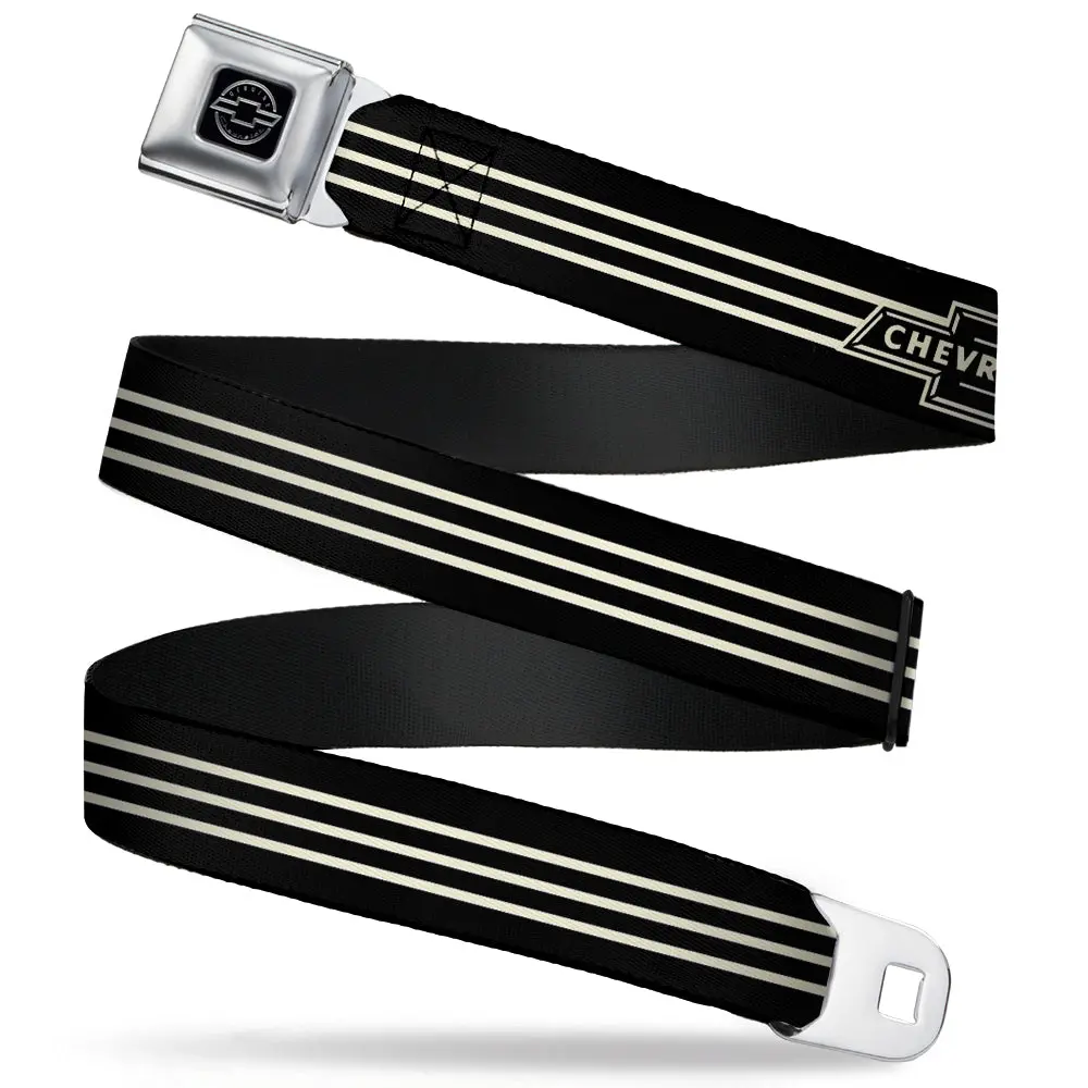 Vintage Chevrolet Bowtie 3-Stripe Seatbelt Belt Black & Ivory Webbing 1