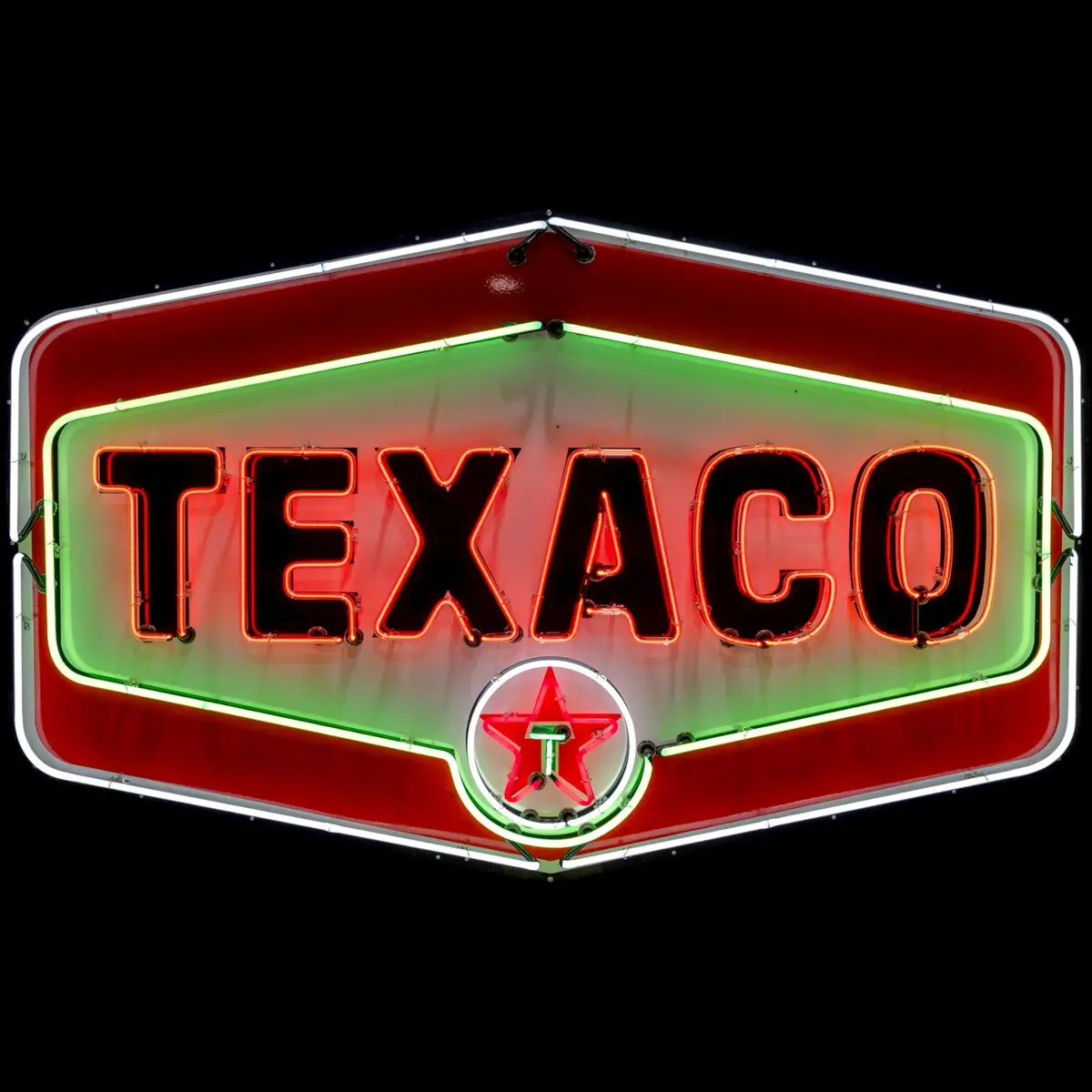 Texaco Gasoline Neon Shield Sign - Real Glass, Porcelain, Die Cut Metal Can - Vintage Gas Station Lighted Signs 1