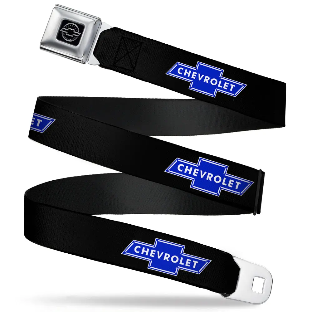 Chevy Bowtie Blue Logo Seatbelt Belt - Black Webbing 1