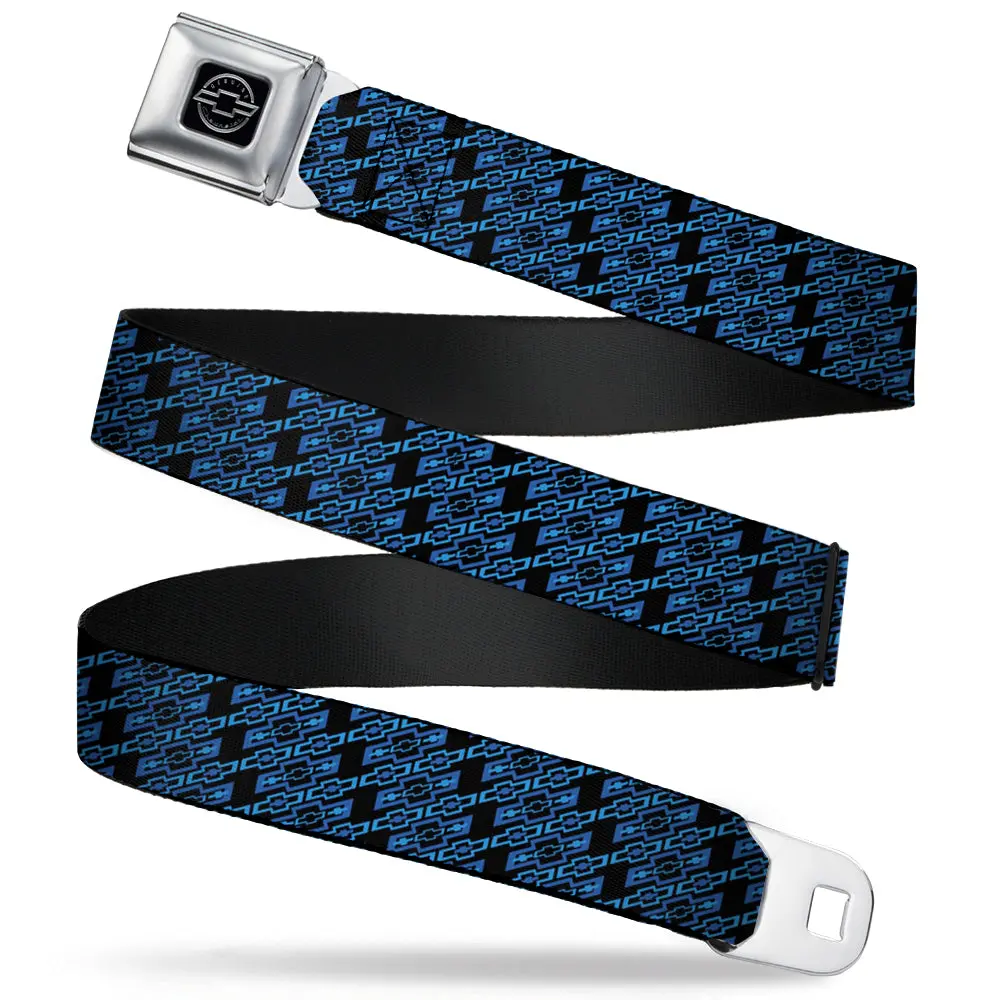 Retro Chevy Bowtie Diagonal Monogram Seatbelt Belt - Black & Blue Webbing 1
