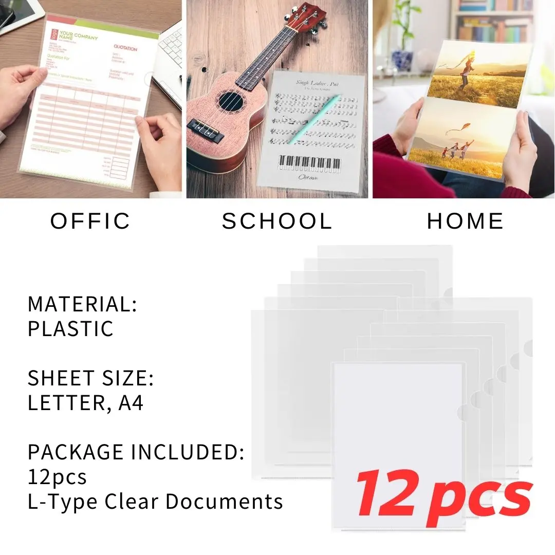 12Pcs L-Type Clear Documents Folder A4 File Folders Clear Project Pocket - #Offic-00012 1